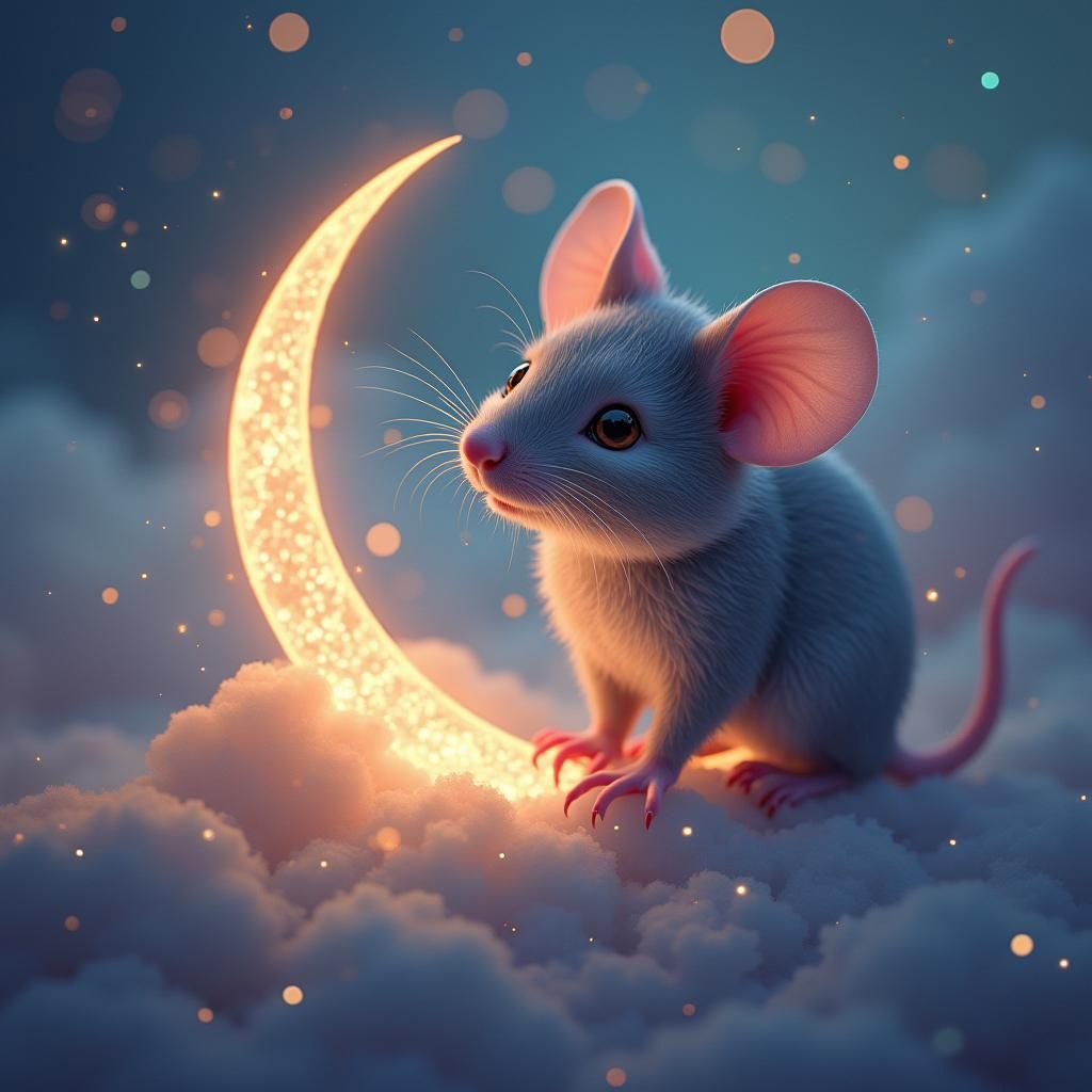 Mouse on Crescent Moon in Dreamy Starlit Sky