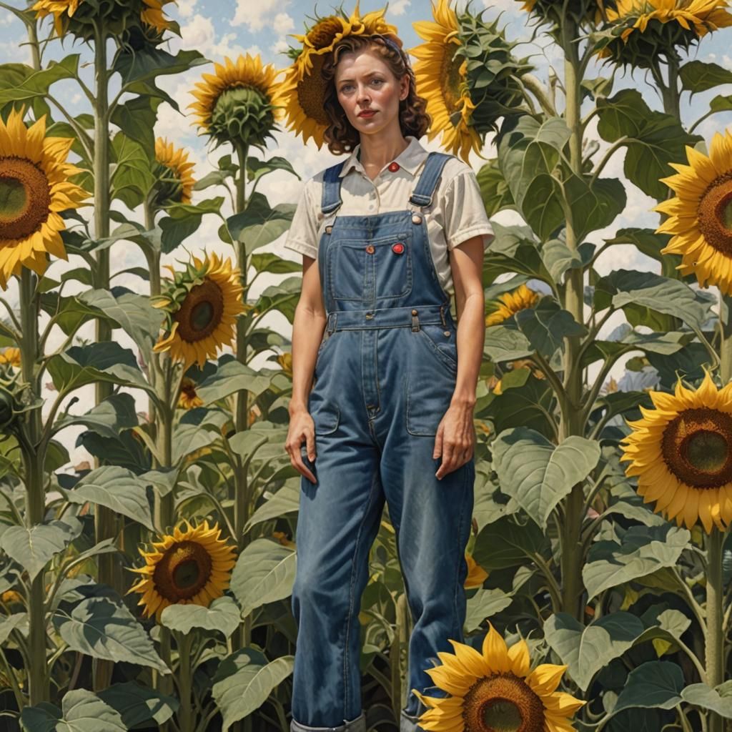 Woman in overalls standing next to a tall, Goliath sunflower...