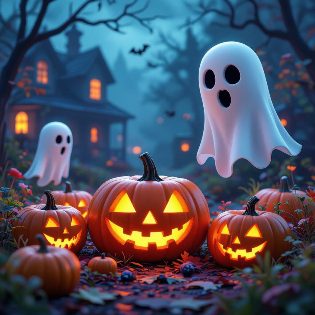 Vibrant 3D Halloween Scene in Pixar Style