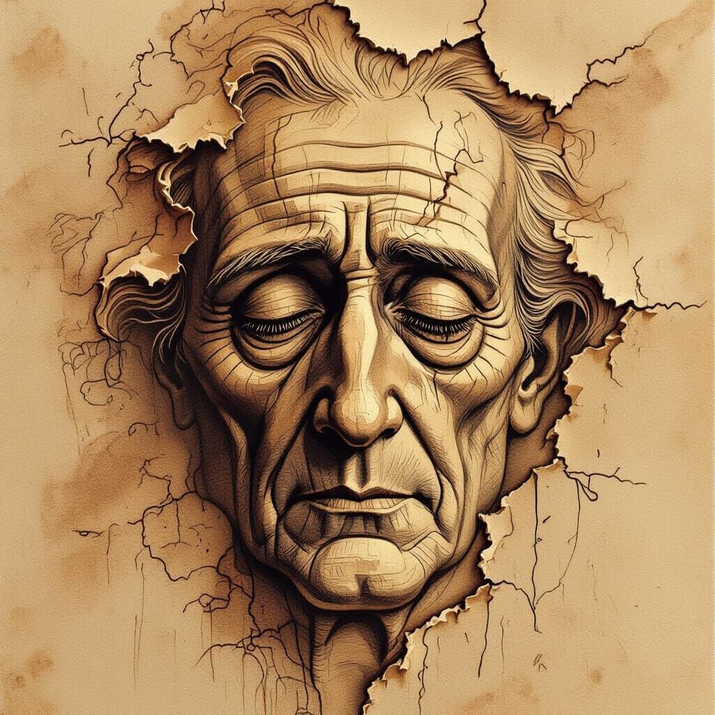 Melancholic Face Melts in Sepia Etching Style