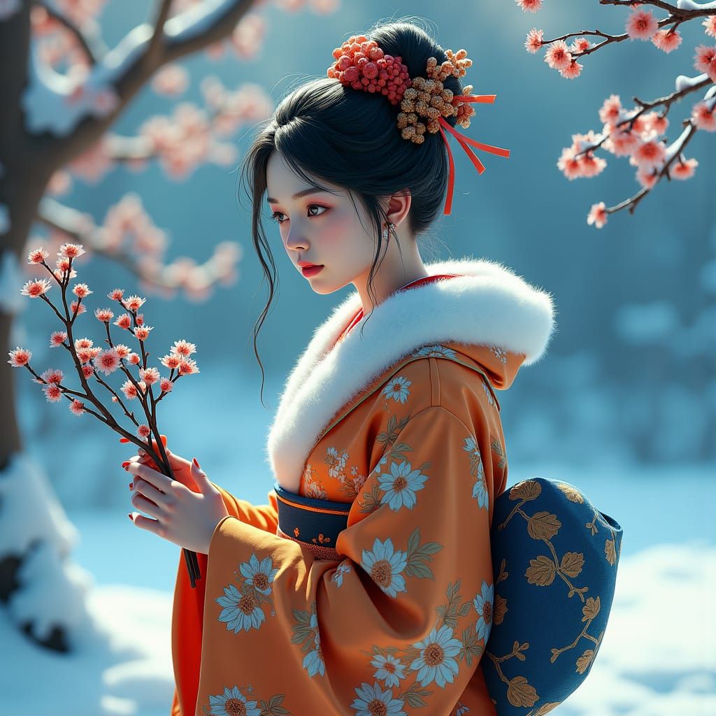 Japanese Engraving: Woman with Twigs in Winter