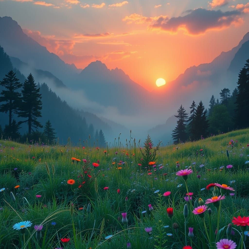 Surreal Sunrise Meadow in a Whimsical Fantasy Style
