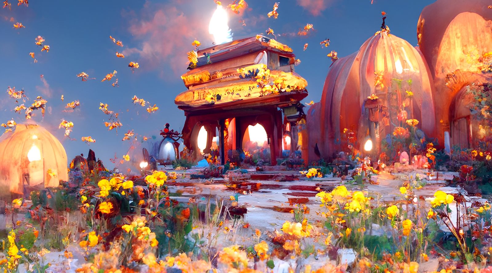 Elaborate Bee Temple at Dusk, in a Surreal Style