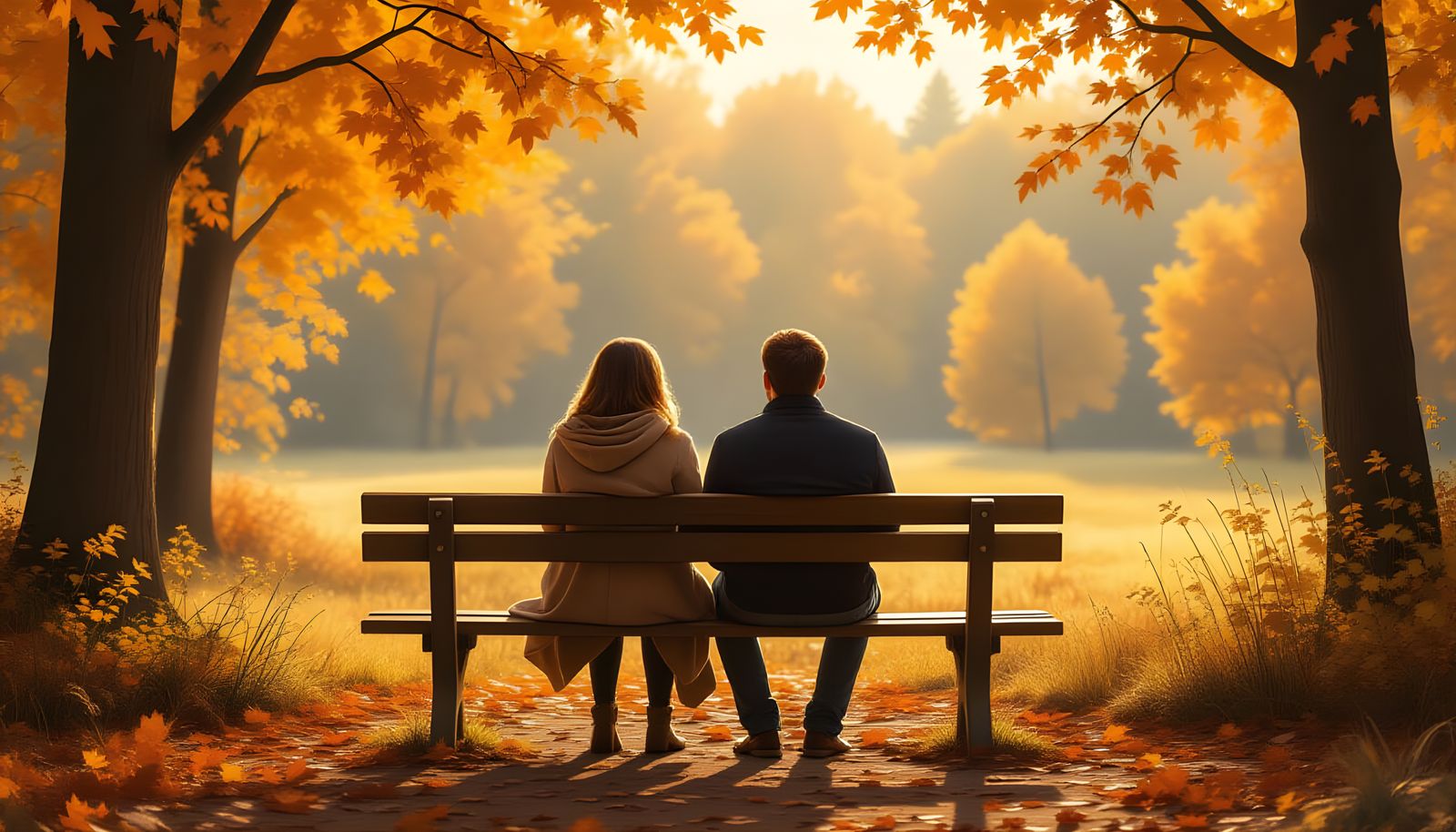 Couple on Autumn Bench in Golden Forest Matte Painting