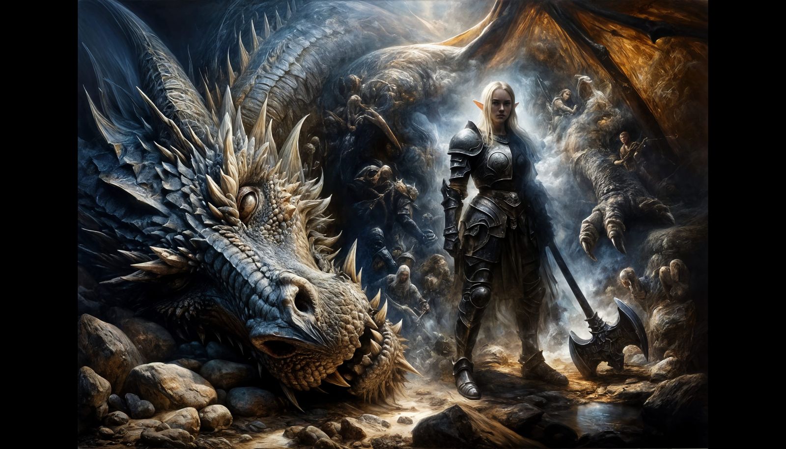 Victorious Medieval Elf in Battle-Worn Armor