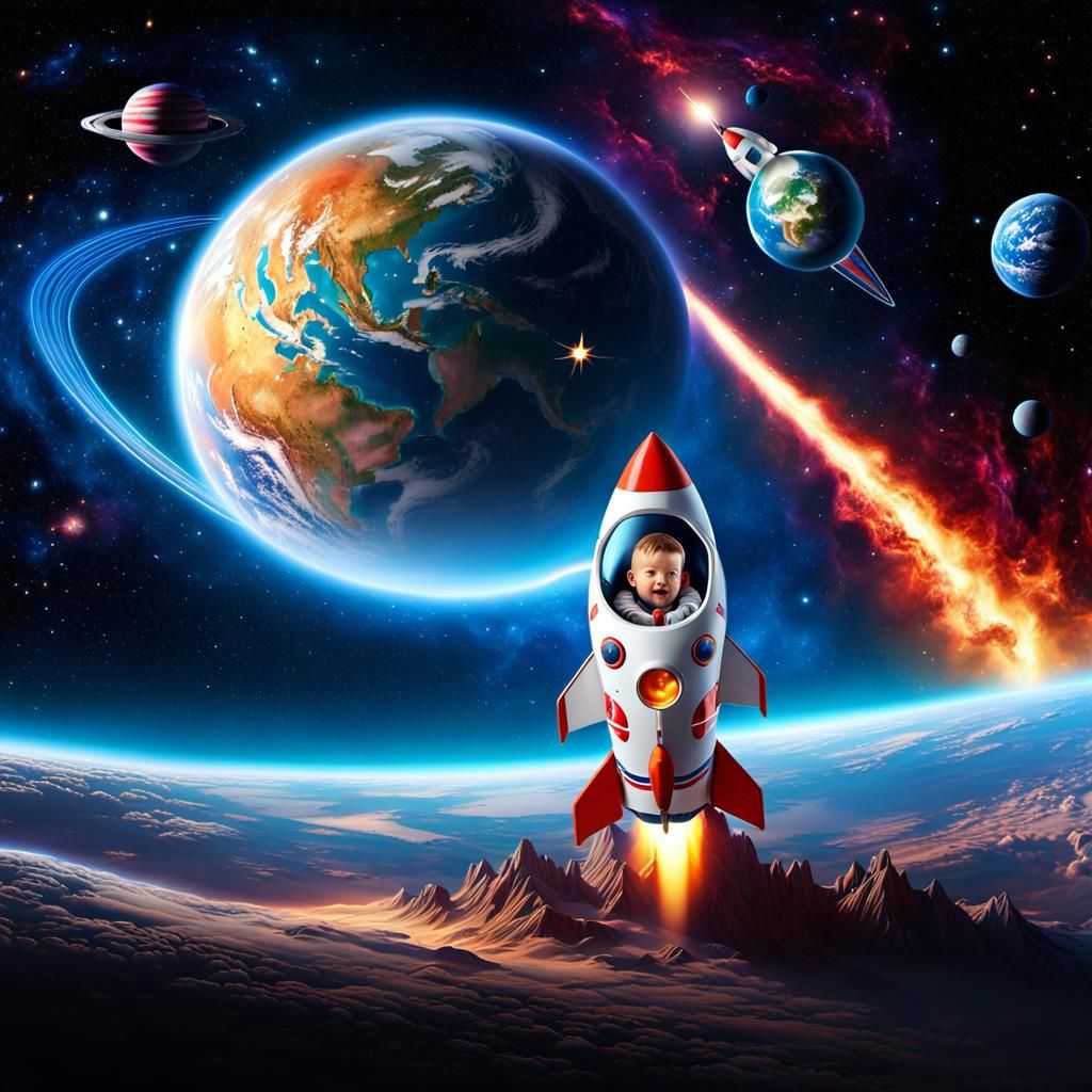 Child's Toy Rocketship Soaring Through Deep Space