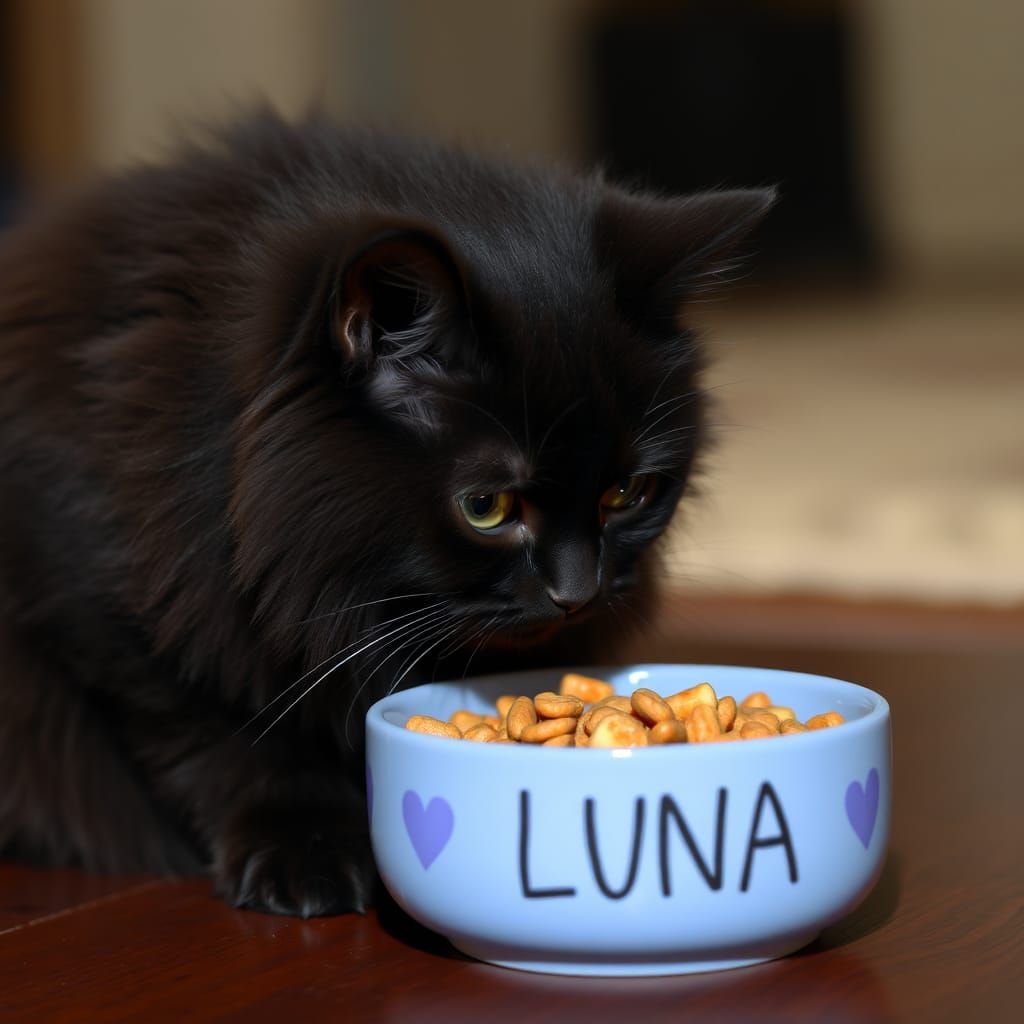 Cute Black Cat Named Luna Eating at Night