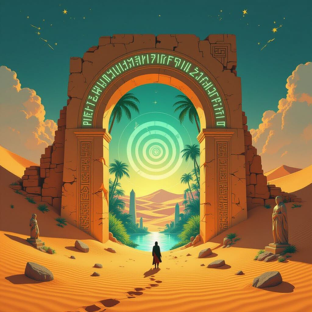 Ancient Archway to Bioluminescent Jungle in Surreal Style