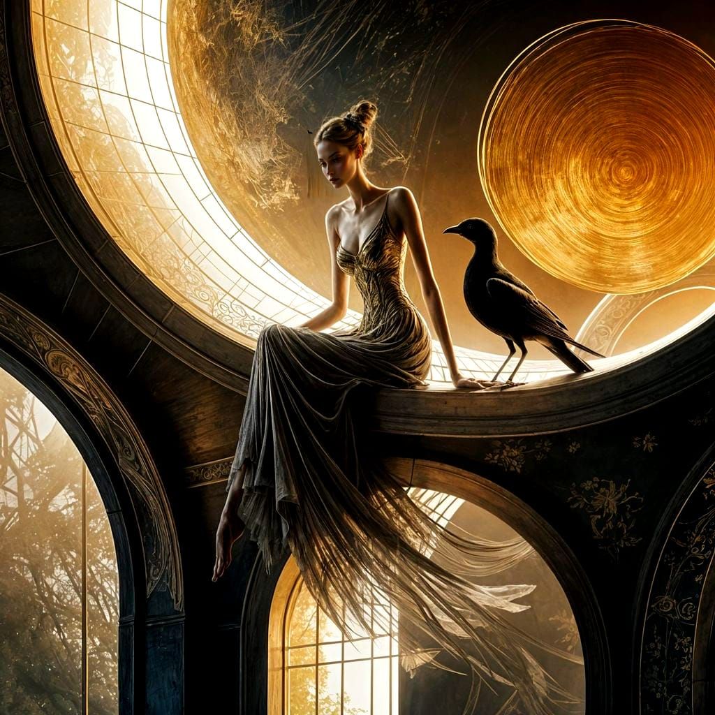 Ethereal Figure Adorns Surreal Architectural Ledge in Dreaml...