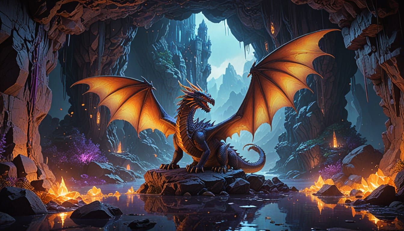 Dragon in Crystal Cave, Vibrant Oil Painting