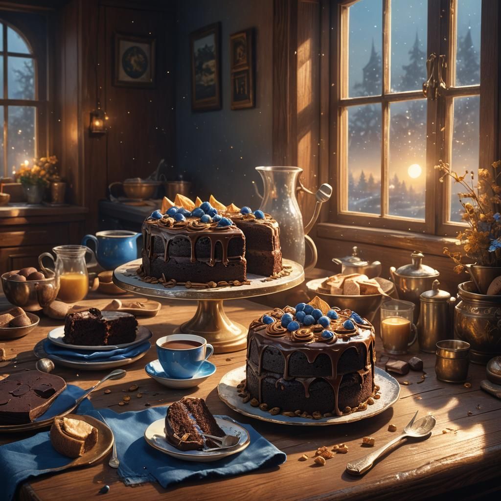 Fantastical Chocolate Cake Still Life in Cozy Kitchen