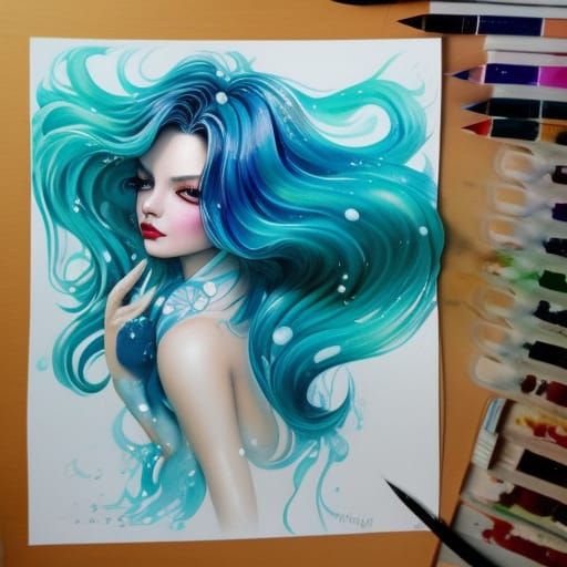 Wavy Teal Hair in Liquid Gouache Style
