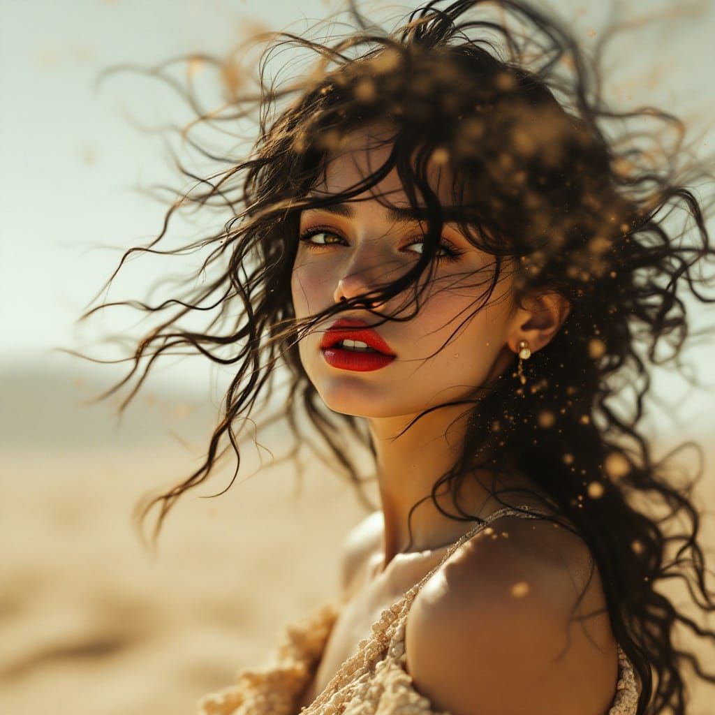 Desert Woman in Wind, Cinematic Portrait