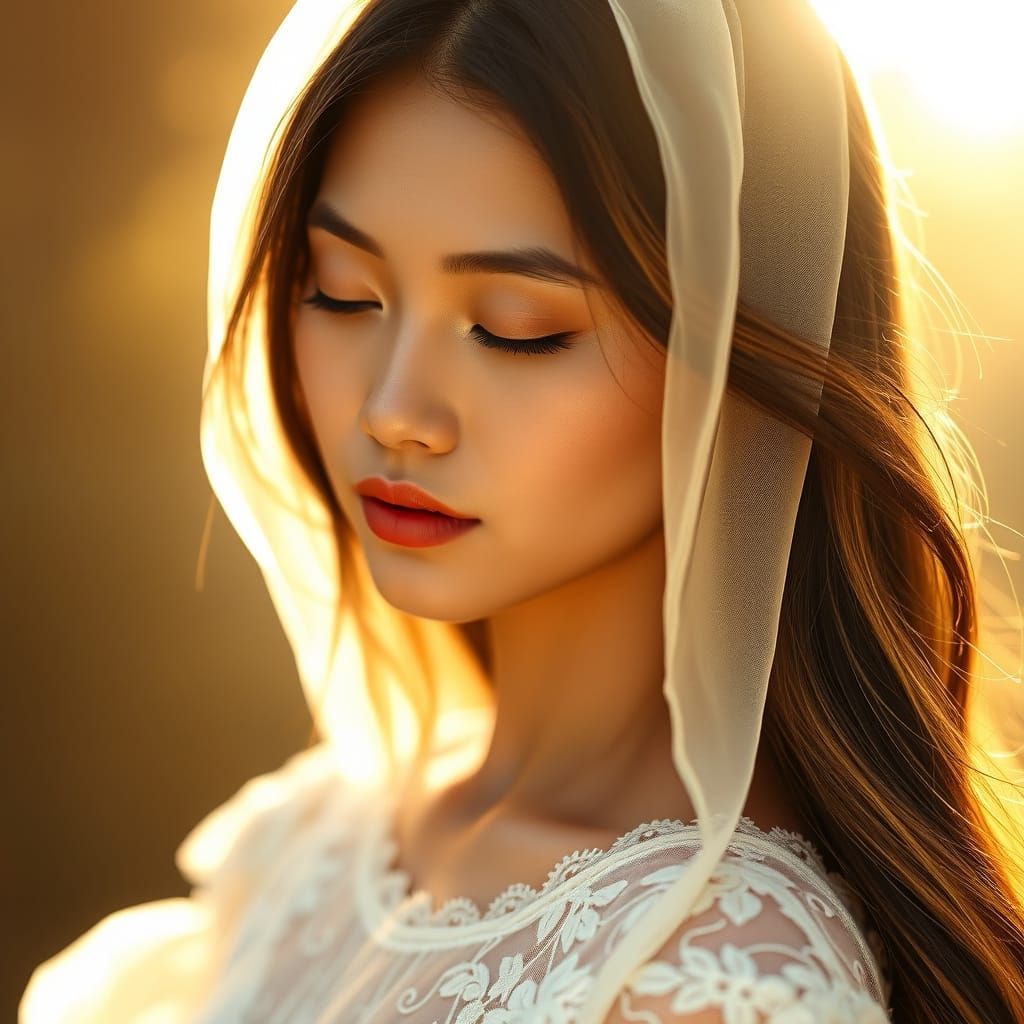 Ethereal Filipina Woman in Vintage Lace Gown