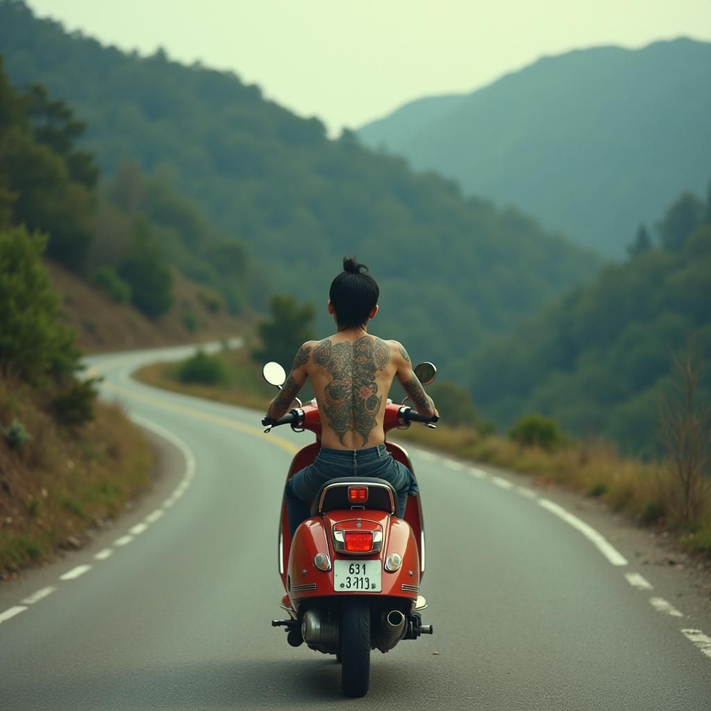 Retro Scooter Ride on Mountain Road in Film Style