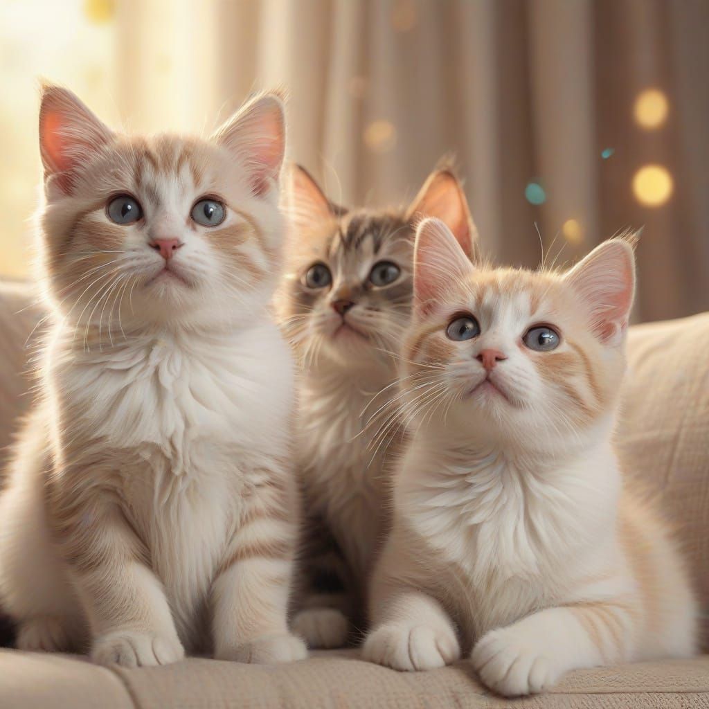 Cozy Digital Art of Kittens Gazing Up at Their Owner