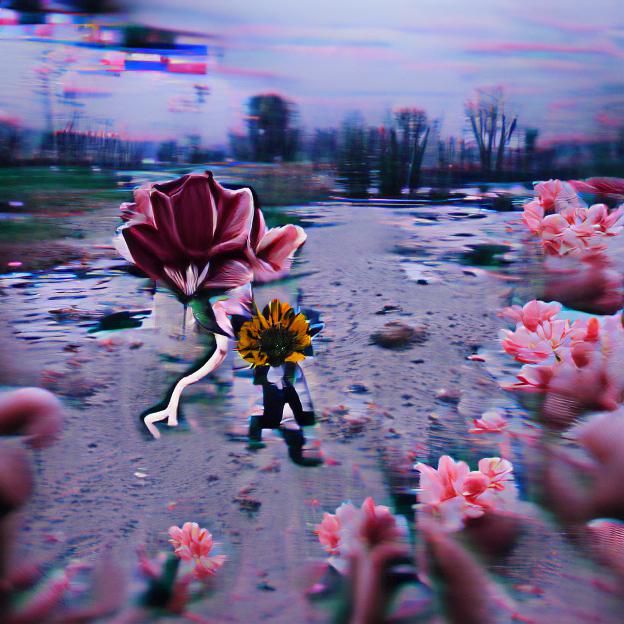 Corrupted Land: Blooming Flowers in a Surreal Landscape