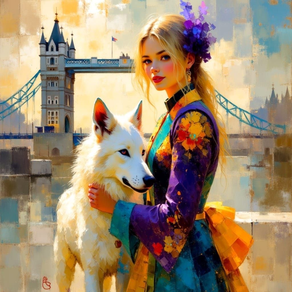 Blonde Woman and White Wolf Stand Before Tower Bridge in Vib...