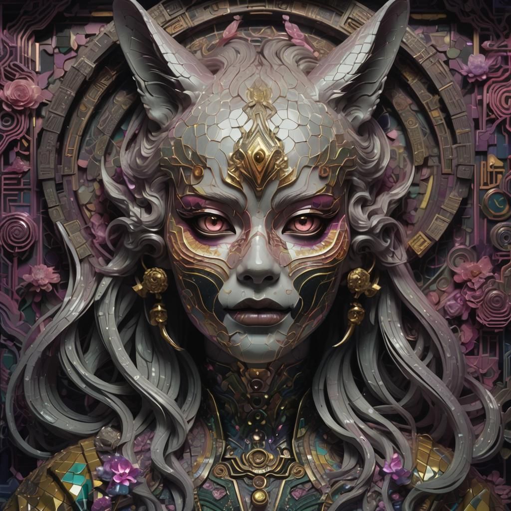 Kitsune Lady in Vaporwave Neon Cityscape