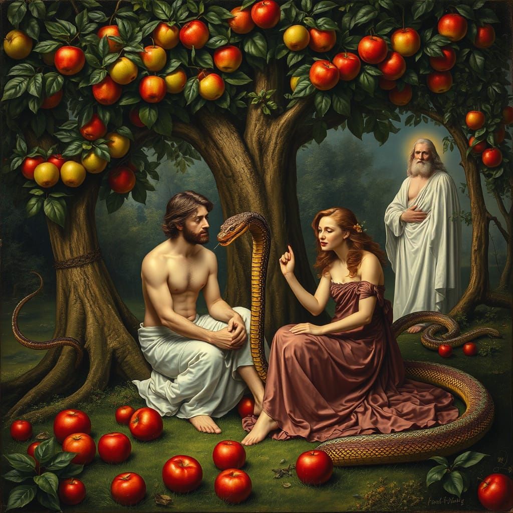 Adam and Eve Surrounded by Lush Paradise and Mischievous Ser...
