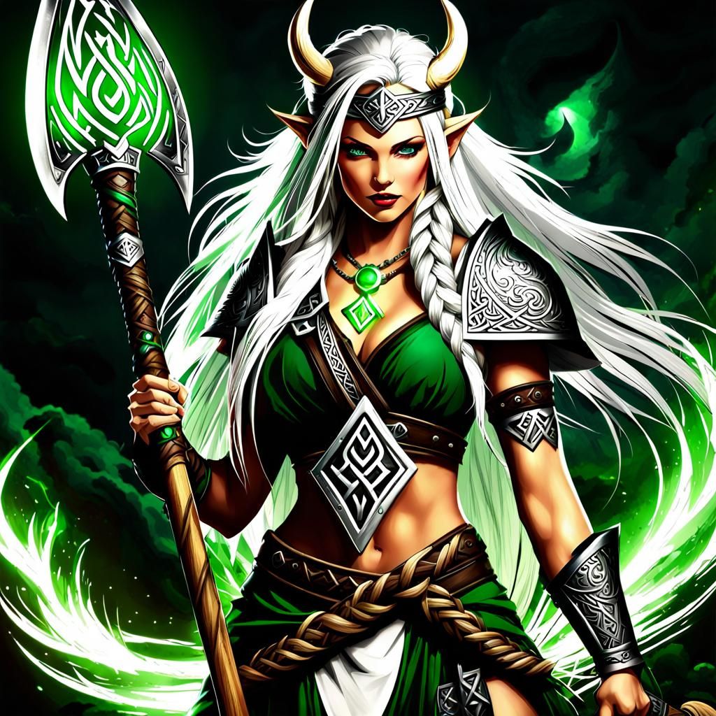 Barbarian Woman with Runed Battle Axe