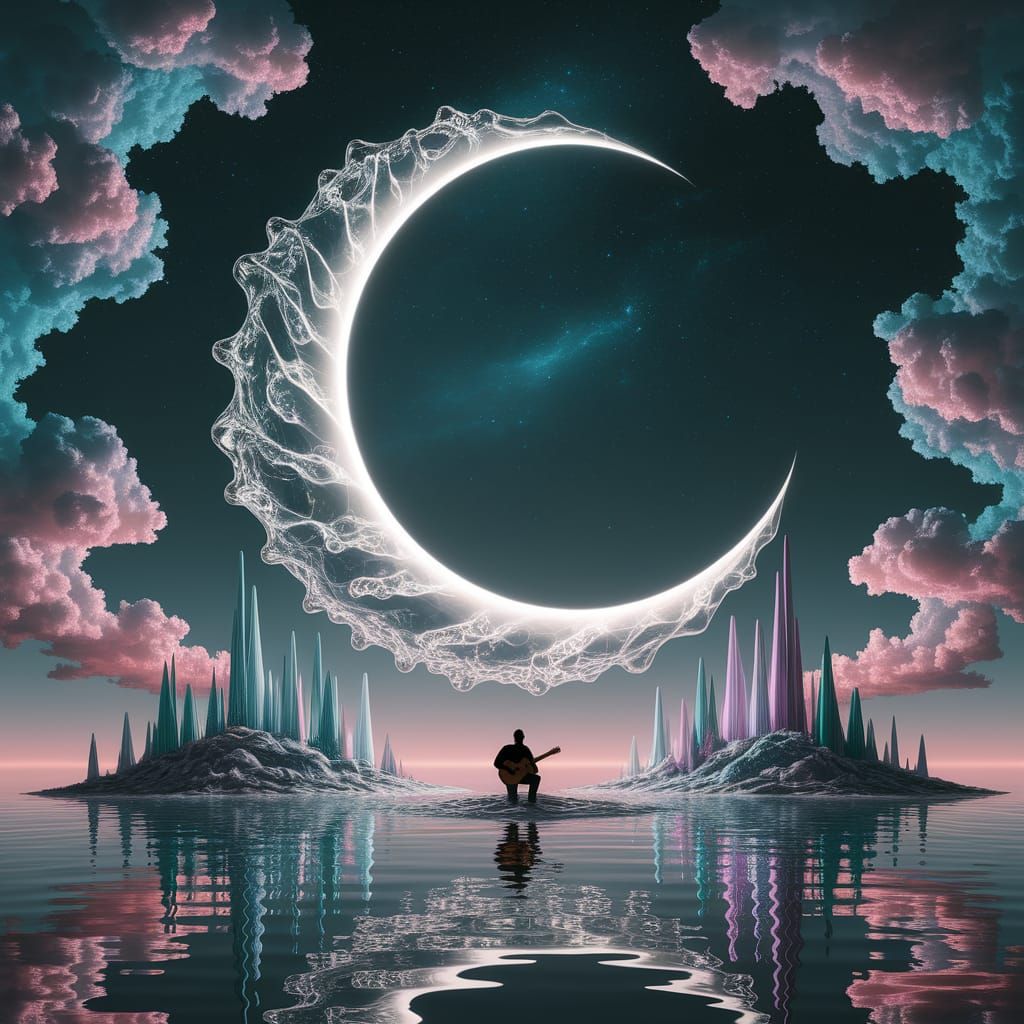 Surreal Liquid Glass Moon Over Futuristic City