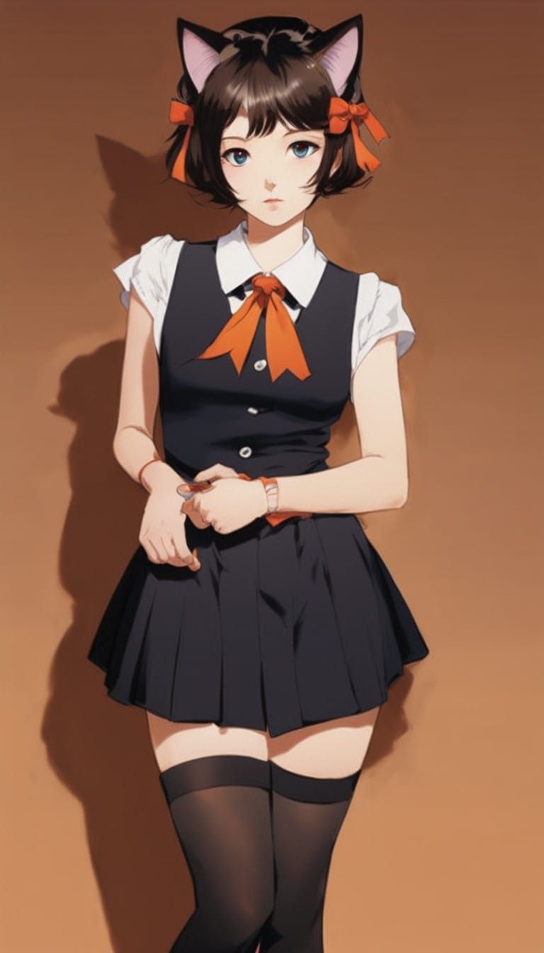 Surreal Anime-Inspired Cat Girl in School Uniform