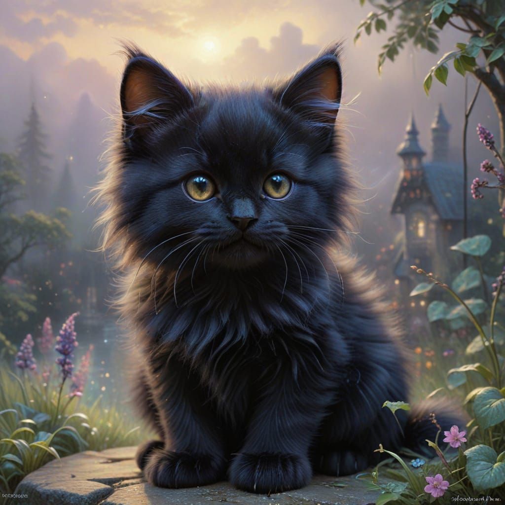 Fluffy Black Kitten in Ethereal Fantasy Mist