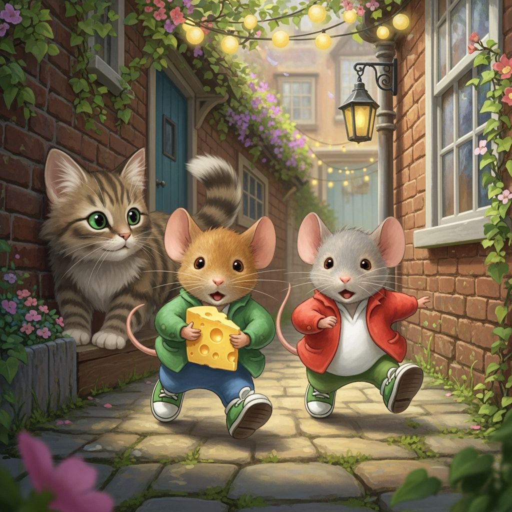 Mice Escape Cat with Cheese in Whimsical Style