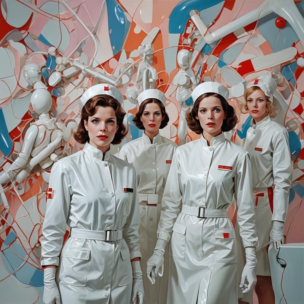 Statuesque Scientist with Nurses in Abstract Art Style