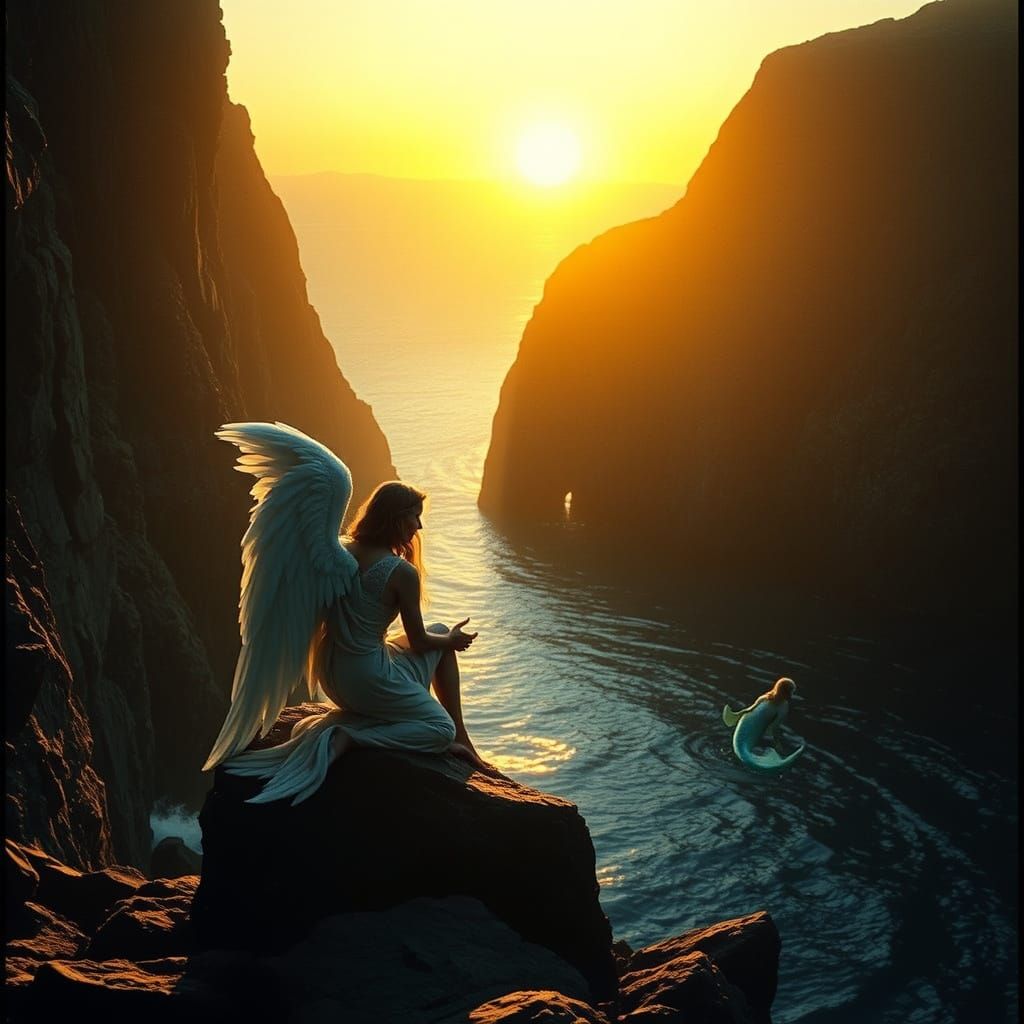 Angel With Blue Wings Meets Mermaid At Sunrise