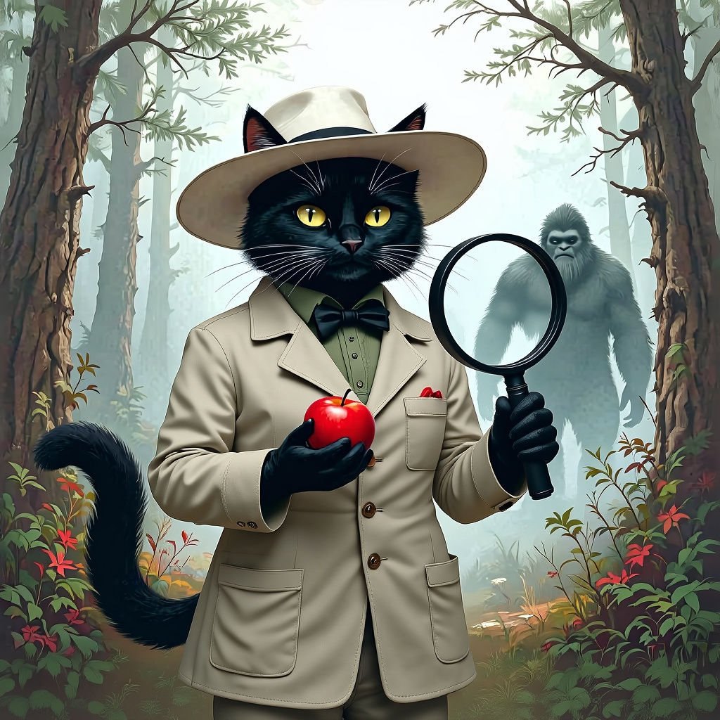 Biologist Black Cat with Apple in Misty Forest