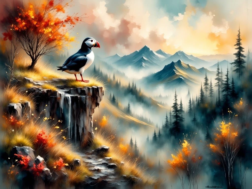 Vibrant Autumn Puffin Perched on Cliffside