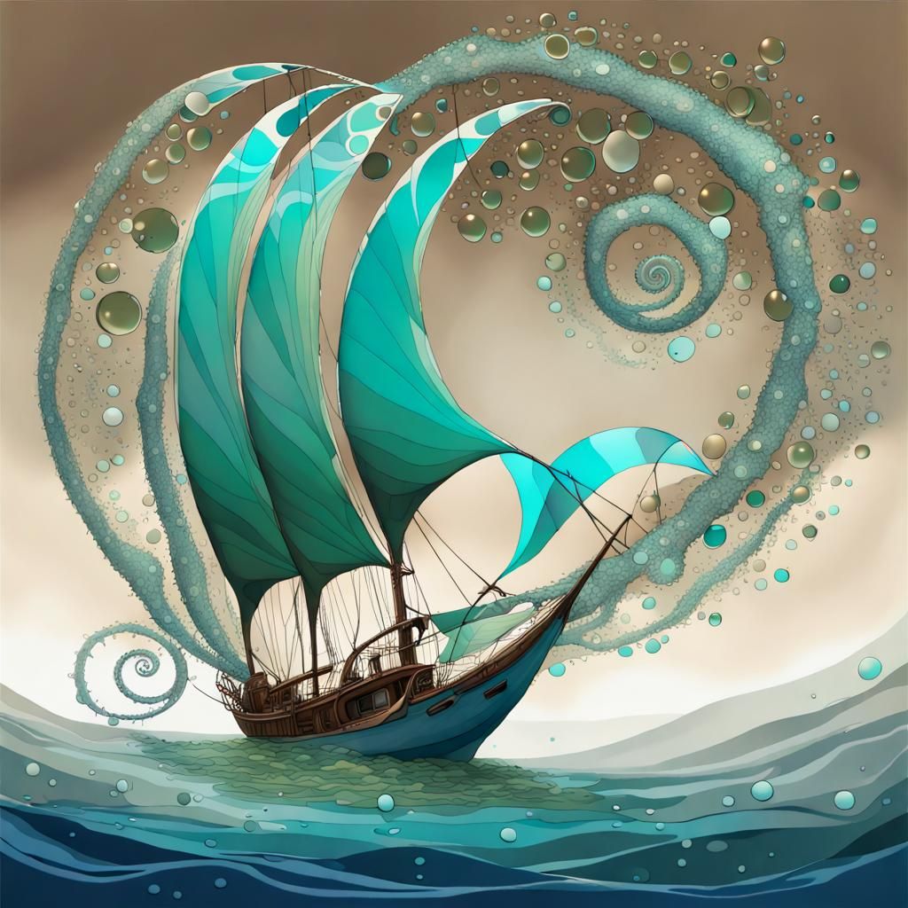 Surreal Steampunk Sailboat Navigating Fractal Ocean Waves