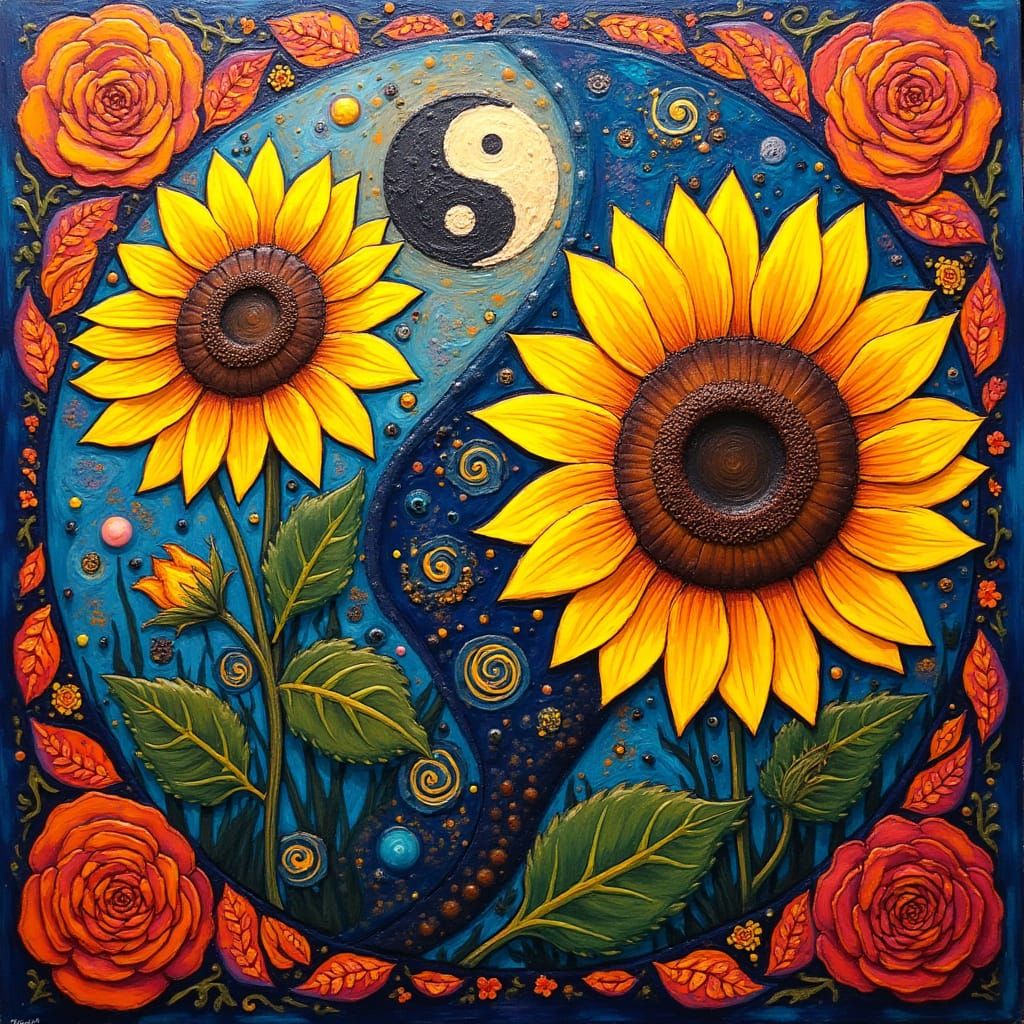 Sunflowers and Roses with Yin Yang in Impasto Style