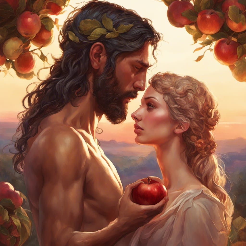 Adam and Eve Share Apple at Sunset