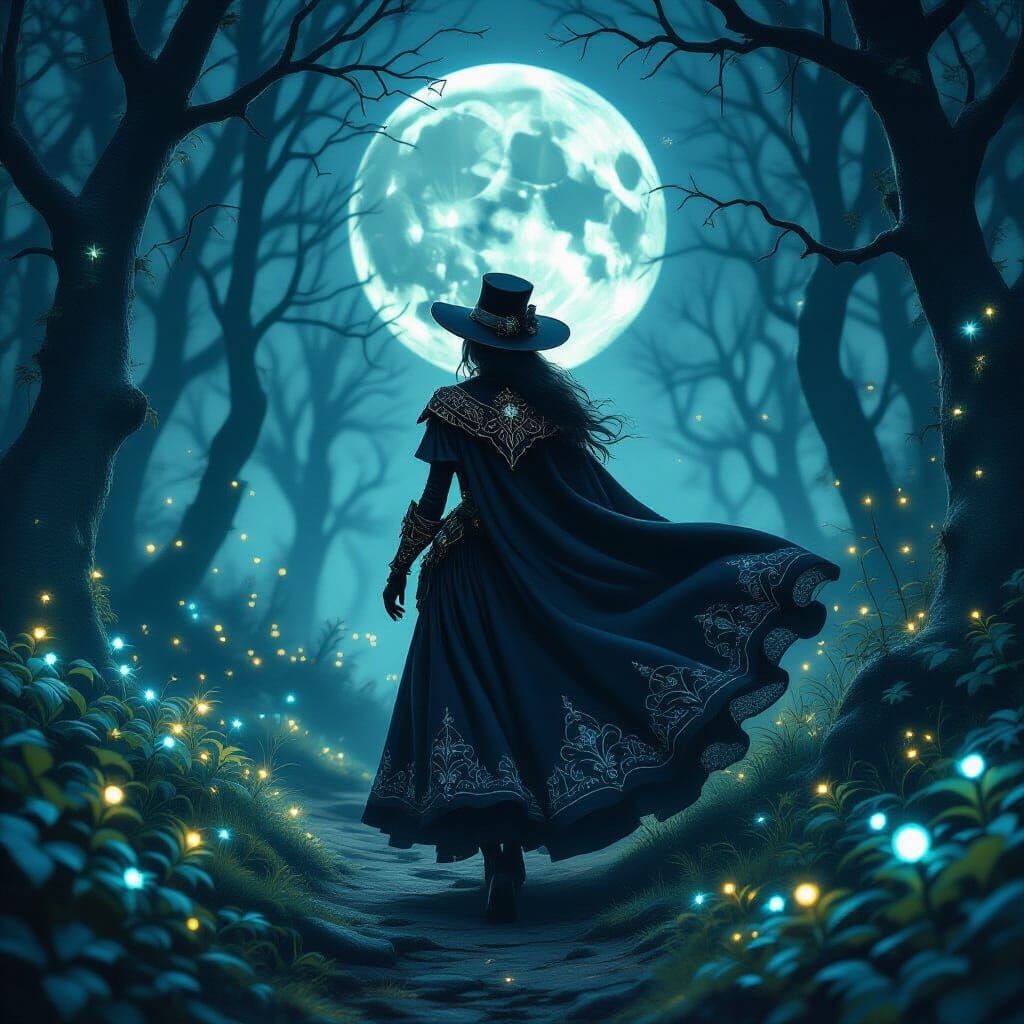 Gothic Huntress in Enchanted Moonlit Forest