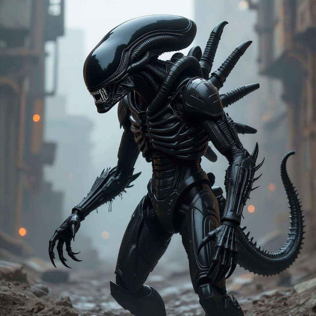 Armored Xenomorph in Dark Biomechanical Style