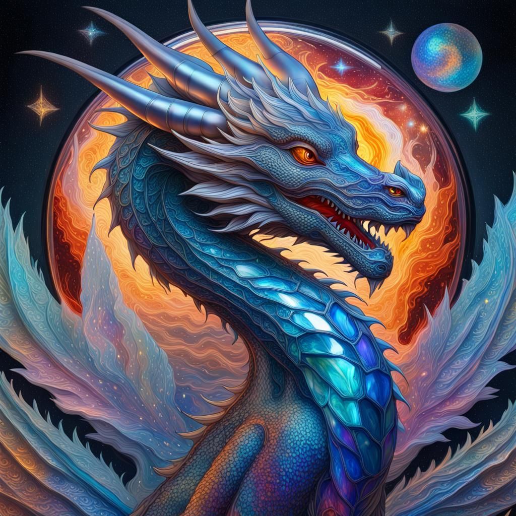 Glass Dragon with Fire, Ice and Saturn: Cosmic Illustration