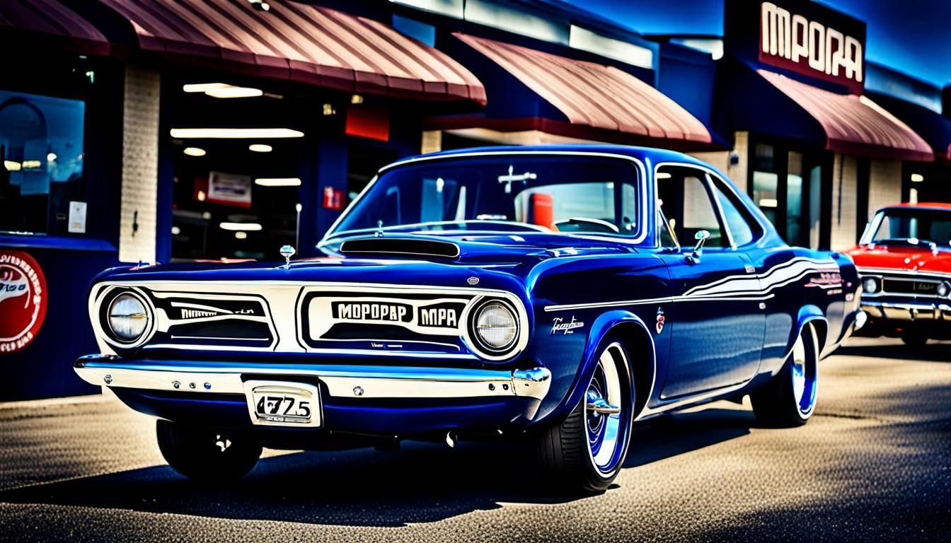 A 1965 Plymouth Barracuda with chrome wheels. Painted on the...