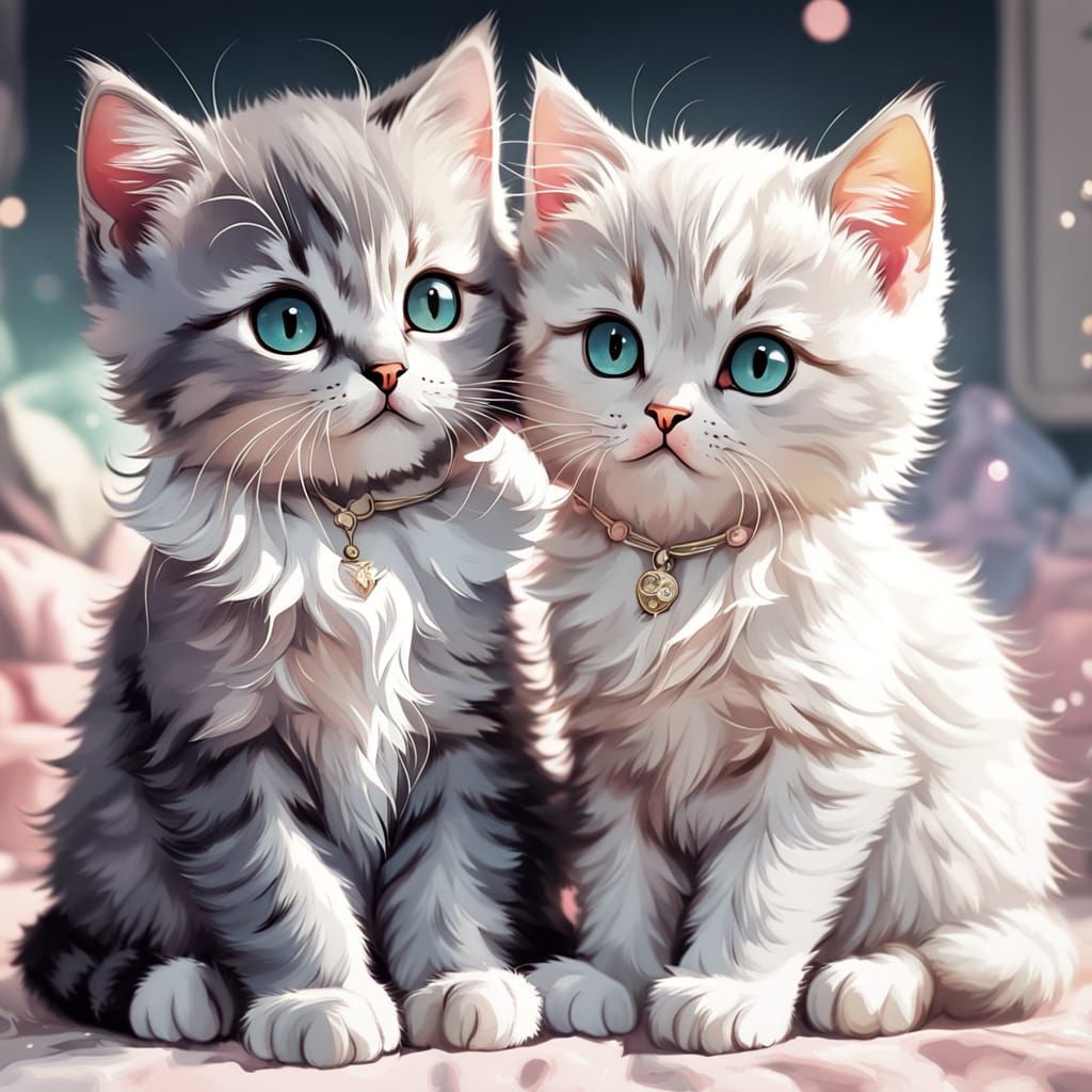 Adorable Kitten Couple in Whimsical Anime-Inspired Art