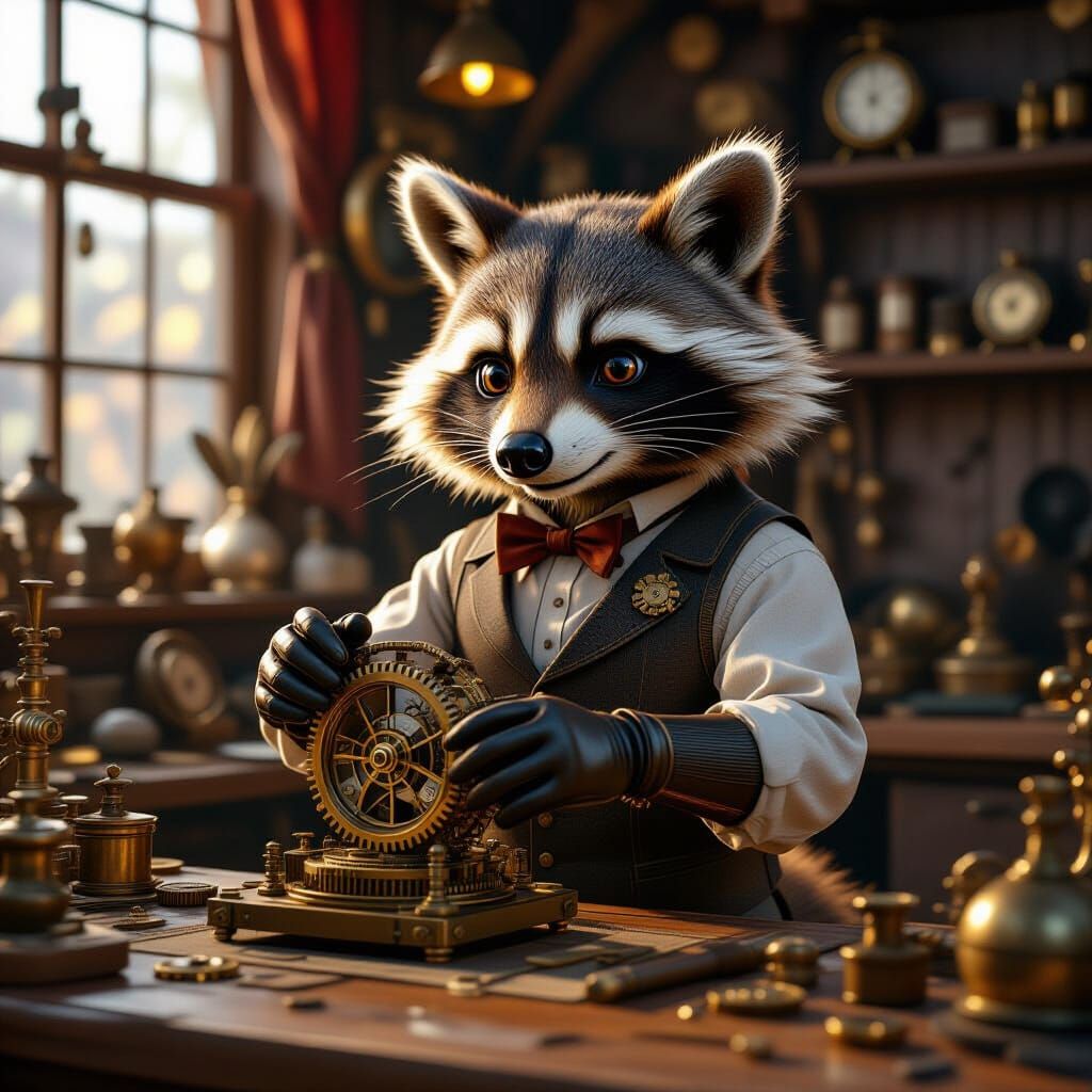 Steampunk Raccoon Inventor in Cozy Workshop