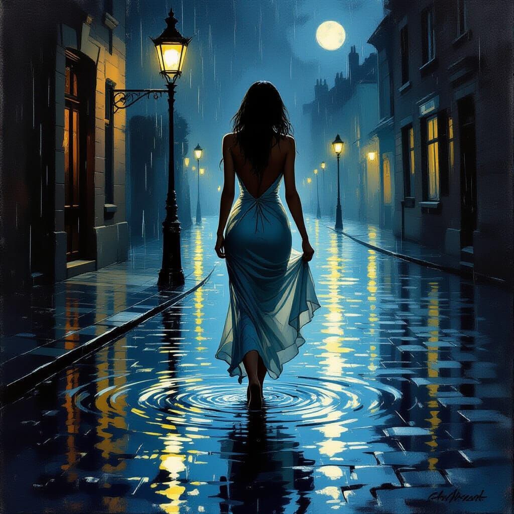 Elegant Woman Emerges from Moonlit Puddle Oil Painting