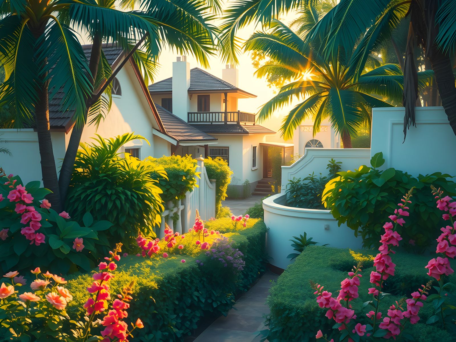 Chennai Houses in Impressionist Landscape with Vibrant Bloom...