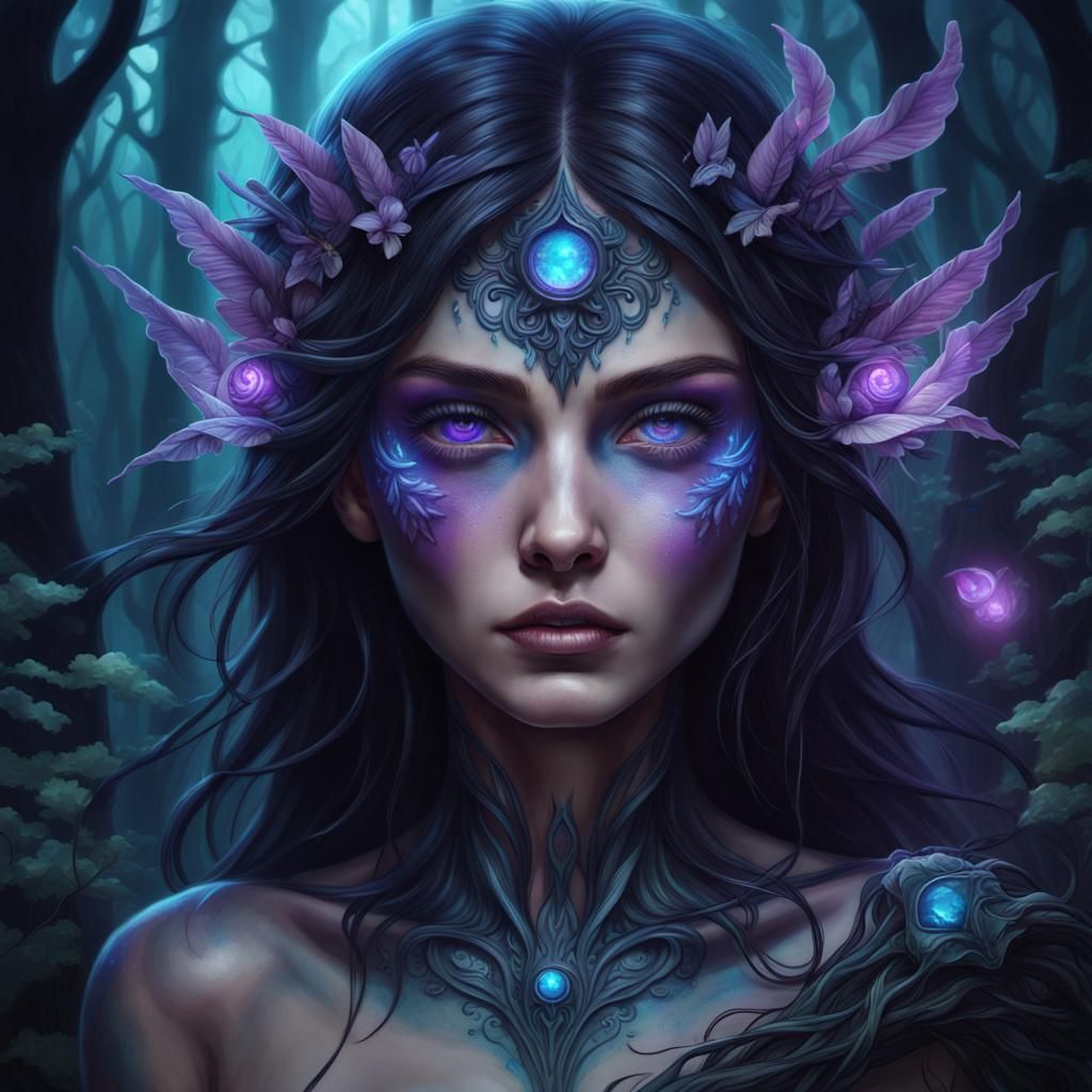 Enchantress with Bioluminescent Eyes in Enchanted Forest