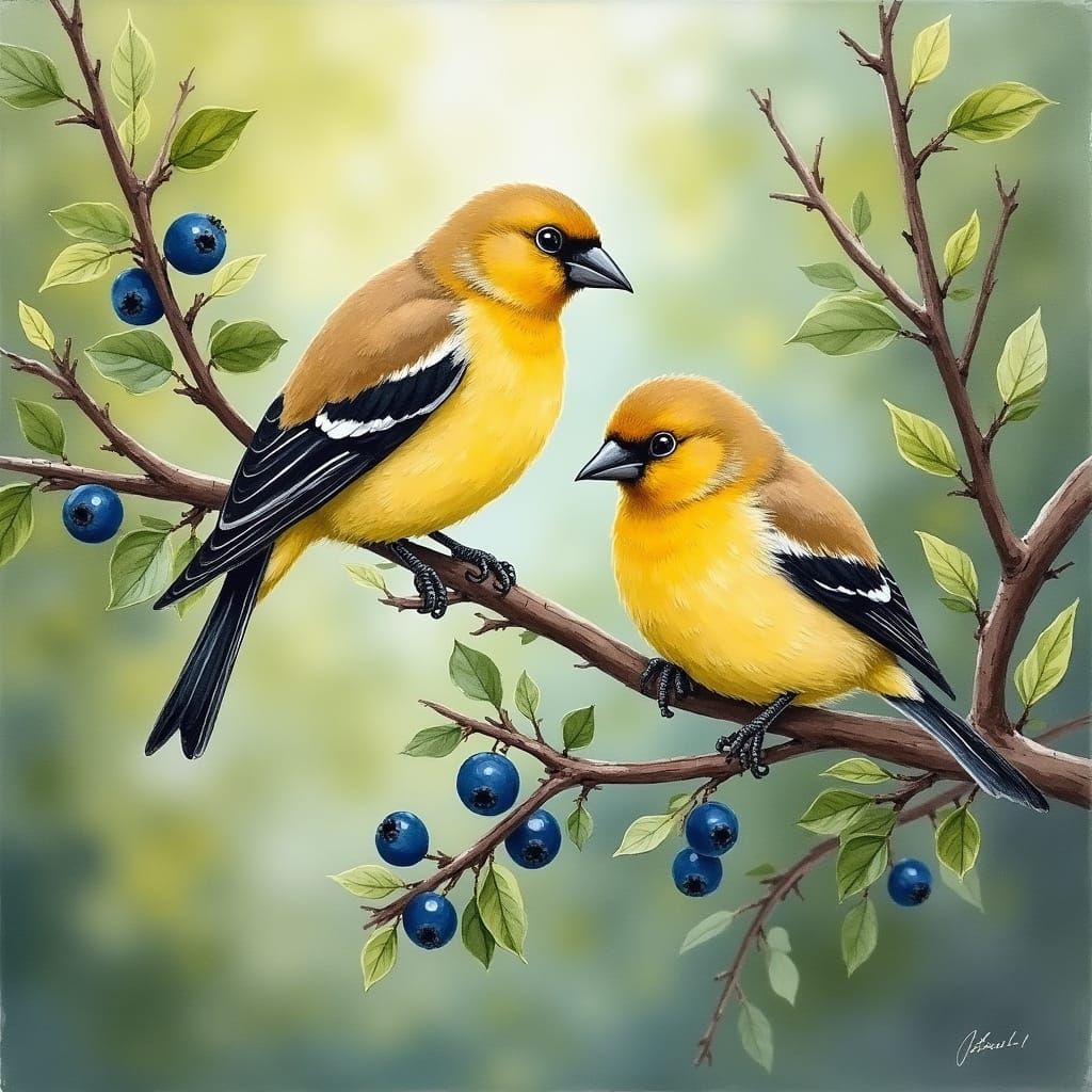 Delicate Watercolor of Gold Finches and Lush Berries