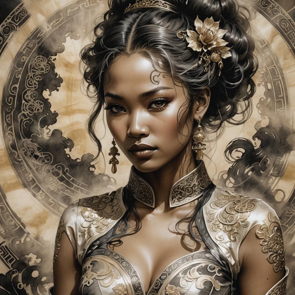 Ebony Woman in Cheongsam: Ink Wash Style