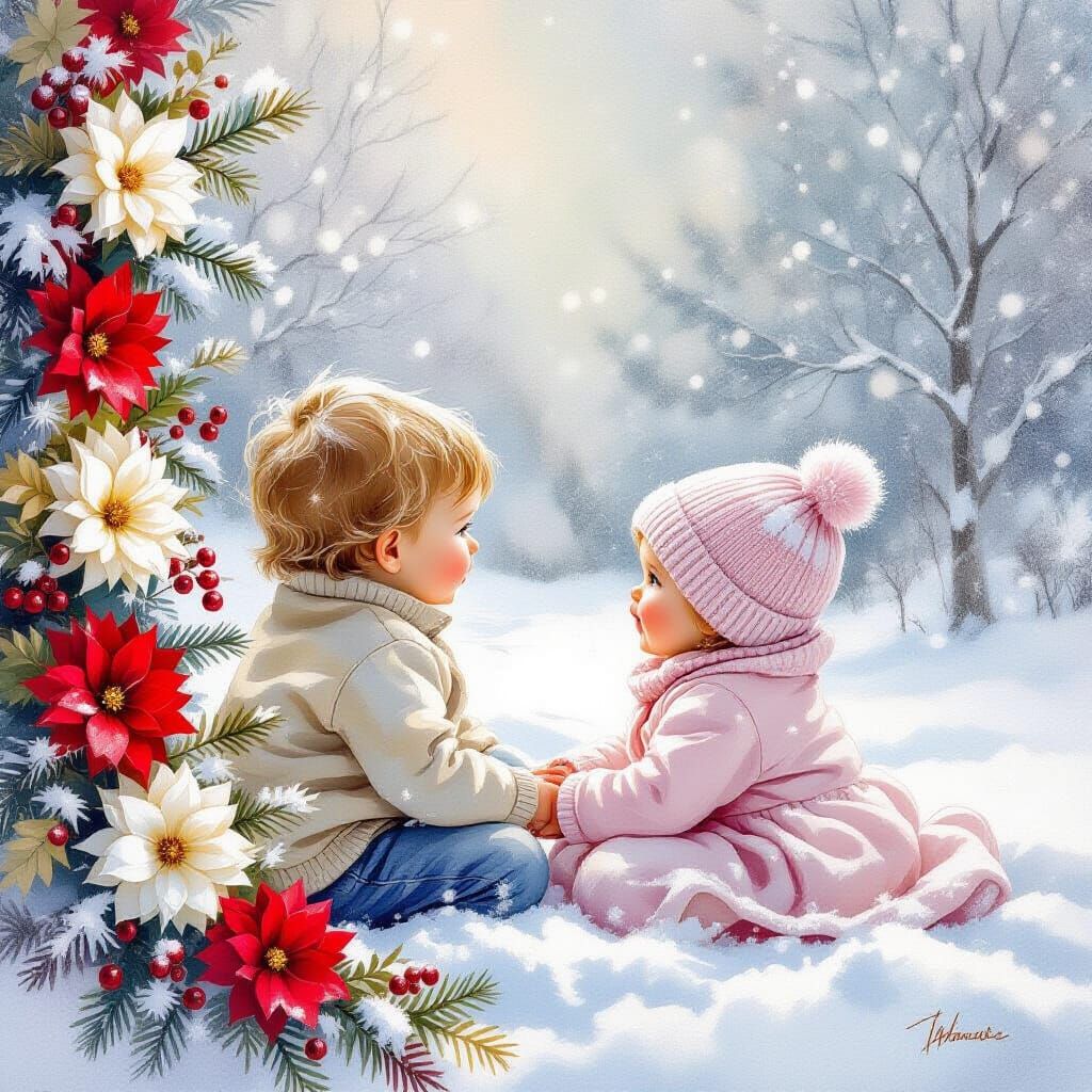 Ethereal Watercolour of Siblings in Gentle Snowfall