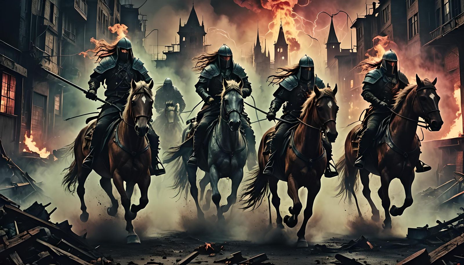 Cyberpunk Horsemen of the Apocalypse in Engraving Style