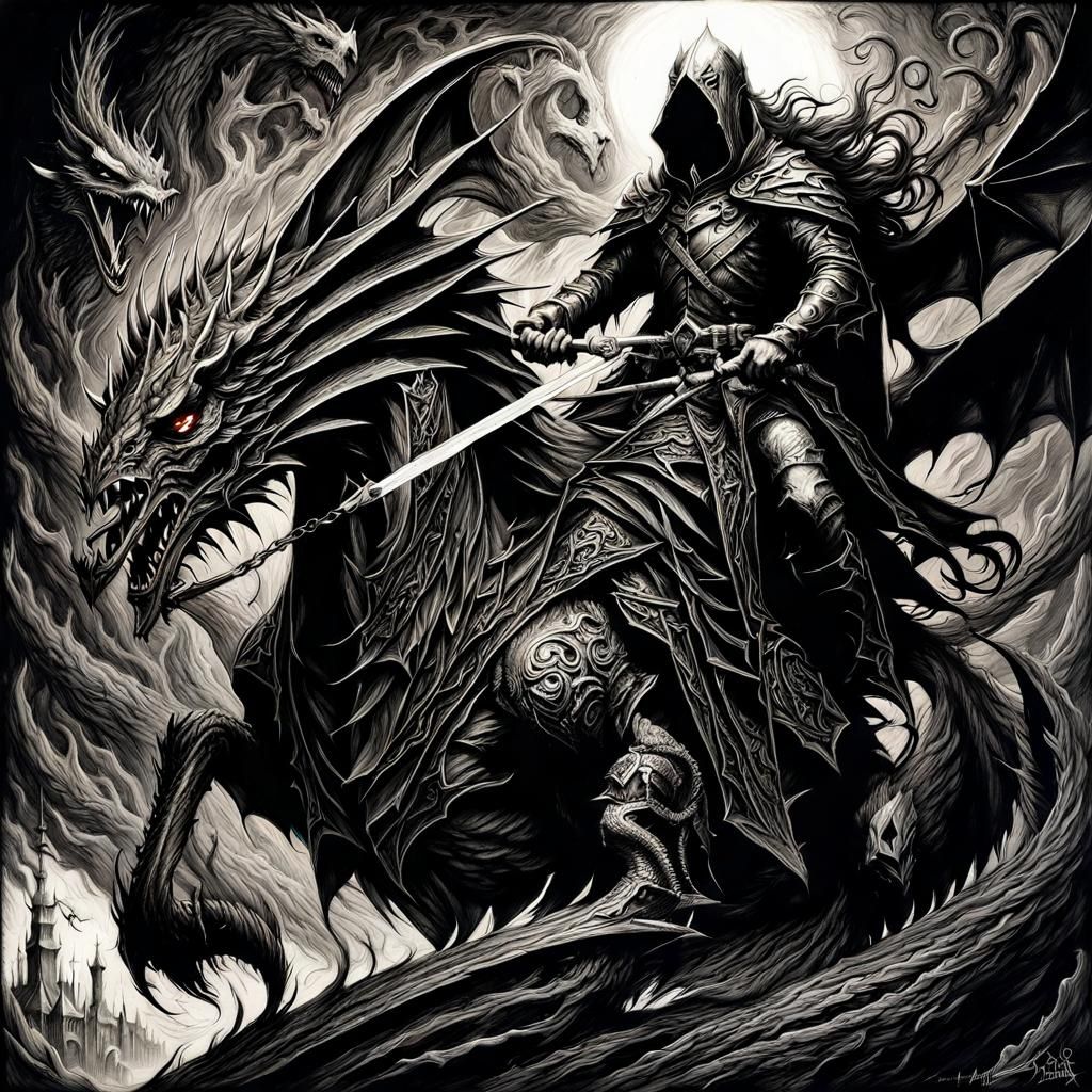 Nazgul on Dragon: Dark Fantasy Art